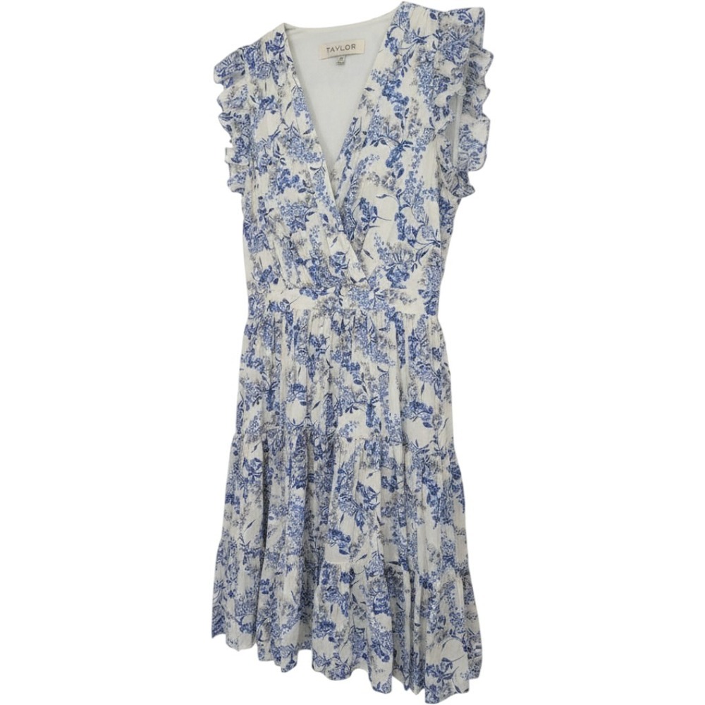 Taylor Floral Ruffle Faux Wrap Dress Women Medium Blue V-Neck Tiered Cotton NWT